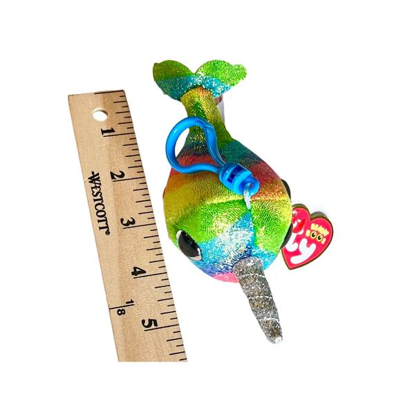 Ty Beanie Boos NORI Narwhal PLUSH KEY CLIP 5.5" Rainbow Glitter Backpack Purse - Picture 4 of 5